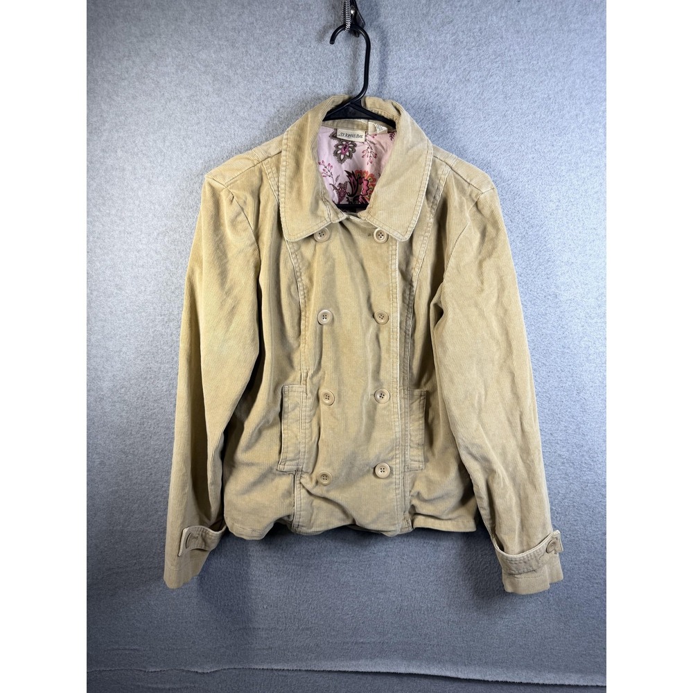 St Johns Bay Jacket Womens Large Beige Corduroy Pea Coat Stretch Lined Button
